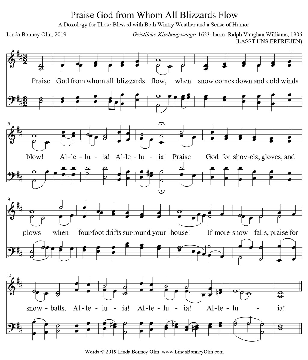 Music score of "Praise God from Whom All Blizzards Flow" by Linda Bonney Olin